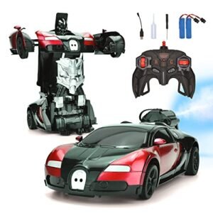Hodlvant Transform Remote Control Car for Kids with Nitro RC Exhaust Pipes Rechargeable LED Light One Button Deformation 360 Rotating Toy for Boys 5 6 7 8 Years Old Red