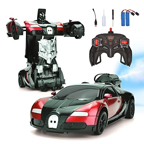 Hodlvant Transform Remote Control Car for Kids with Nitro RC Exhaust Pipes Rechargeable LED Light One Button Deformation 360 Rotating Toy for Boys 5 6 7 8 Years Old Red