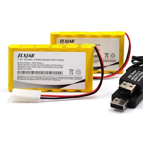 elxjar 7.2V 700mAh Ni CD AA Battery Pack with Tamiya Plug for RC Truck Cooler and Other RC Toys 2 Pack Includes USB Charging Cables