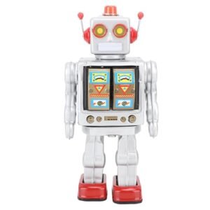 Vintage Silver Retro Tin Robot Toy with Walking Rotating and Gun Fire Sound for Adult Collectors