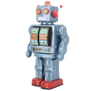 Vintage Blue Retro Tin Robot Toy with Walking Rotating and Gun Fire Sound for Adult Collectors