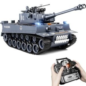 Supdex German WW2 RC Planes 1/18 Scale Remote Control Tiger I Tank with 2.4Ghz 15 Channel Smoke Light Sound and Dual Shooting Modes