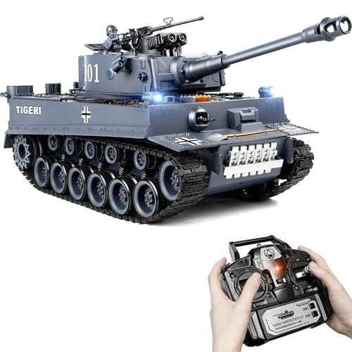 Supdex German WW2 RC Planes 1/18 Scale Remote Control Tiger I Tank with 2.4Ghz 15 Channel Smoke Light Sound and Dual Shooting Modes