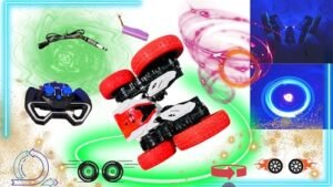 eMart4U Dynamic 2.4GHz Stunt Car with Remote Control, Double-Sided 360-Degree Rotation, All-Wheel Drive Stunt Vehicle, with LED Lights, for Kids Age 6+ (Cherry)