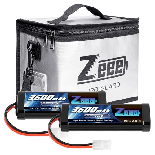 Zeee 7.2V 3600mAh RC NiMH Battery with Tamiya Plug 2 Pack Batteries with 1 Pcs Lipo Safe Bag Fireproof Explosionproof Bag for Storage Charging