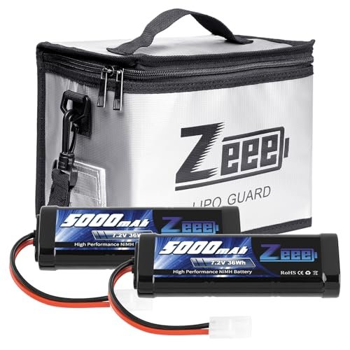 Zeee 7.2V 5000mAh RC NiMH Battery with Tamiya Plug 2 Pack Batteries with 1 Pcs Lipo Safe Bag Fireproof Explosionproof Bag for Storage Charging