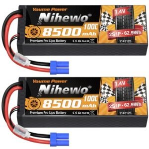 Nihewo 2S Lipo Battery 8500mAh 7.4V 100C Hard Case with EC5 Connector for 1/8 Scale Gas RC Truck and Other RC Models 2Packs