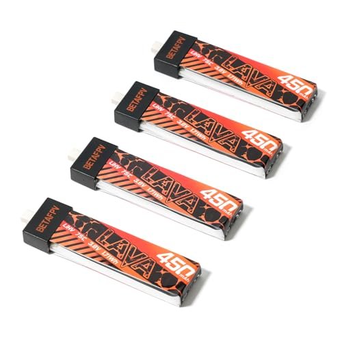 BETAFPV 4pcs Lava 450mAh 1S 3.8V 75C LiHV FPV Lipo Battery with BT2.0 Connector for 1-2S FPV Tiny Whoop Drone Quadcopters Like Meteor75, Meteor75 Pro, Cetus Pro 1S Brushless Drones, Cetus X 2S Quad