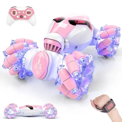 Powerextra Gesture Sensing RC Stunt Car with 4WD Off Road Wheels Smart Remote Control for Kids Age 8 Plus Pink