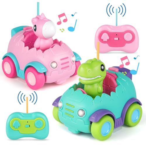 Nueplay Remote Control Car for Toddlers Ages 2 3 4 5 Electric RC Toy Cars with Light Music Dinosaur Pink Horse Figures 2 Pack