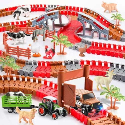 WethCorp Nitro RC Car Race Tracks 221 PCS Farm Playset with Toy Tractor and Farm Animals STEM Toys for Kids Age 3 4 5 6 7 Years Old