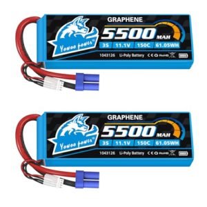 Yowoo 3S Lipo Battery 150C 5500mAh 11.1V Graphene Battery EC5 Connector with Metal Plates for RC Airplane Helicopter F450 Quadcopter Car Truck Boat RC Hobby (2 Pack)