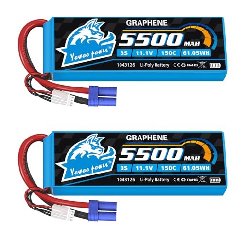Yowoo 3S Lipo Battery 150C 5500mAh 11.1V Graphene Battery EC5 Connector with Metal Plates for RC Airplane Helicopter F450 Quadcopter Car Truck Boat RC Hobby (2 Pack)