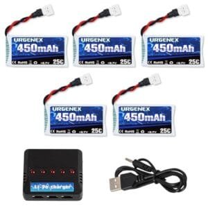URGENEX RC Aircraft Fabric Covering Materials 3.7V Drone Battery 450mAh 25C 1S Lipo Battery with 5in1 Charger for SYMA Holy Stone Drones