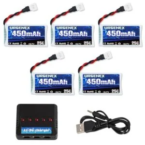 URGENEX RC Aircraft Fabric Covering Materials 3.7V Drone Battery 450mAh 25C 1S Lipo Battery with 5in1 Charger for SYMA Holy Stone Drones