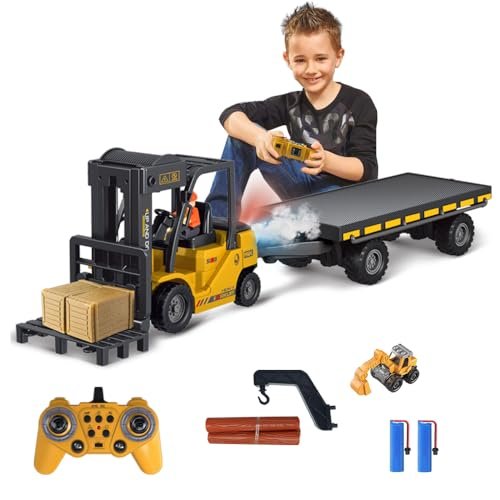 KNACKTOYZ RC Mega Construction Crane with Remote Control 11 Channel Lift Fork Hook and Flatbed Truck for Kids Ages 3 and Up