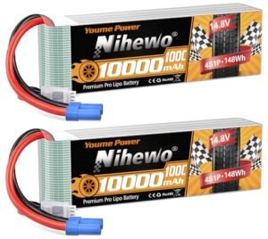 Nihewo 4S Lipo Battery 14.8V 10000mAh 100C RC Battery EC5 Plug for Assassin RC Plane and Other Models 2 Packs