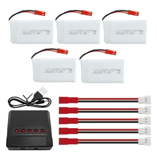 MJX 5PCS 3.7V 1200mAh 30C Lipo Battery with 5in1 Charger JST Plug for RC Willey Deep Freezers and Compatible Quadcopters