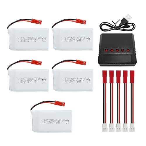 Fytoo 5PCS 3.7V 1200mAh 30C Lipo Battery with 1PCS 5-in-1 Charger JST Plug for MJX T04 T05 T25 V2400HD V2450FPV V2450GPS X900 X9TW RC Quadcopter Battery