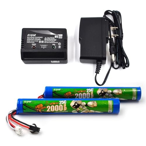 2 Pack 7.4V 2000mAh Li ion Battery with 2S Balance Charger for RC Plane Paintball Gun Splatter Ball Gel Bead Blaster SRB1200 SRB400 SRB400 SUB