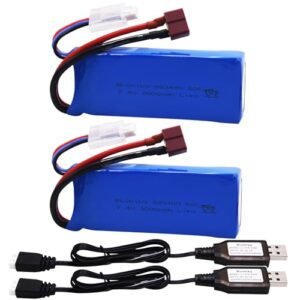 Blomiky 2 Pack 7.4V 2000mAh Lipo Battery with T Plug and USB Charger Cable for RC Airplane RC Boat or WLtoys 144001 124018 124019 RC Trucks Cars / 7.4V 2000mAh T