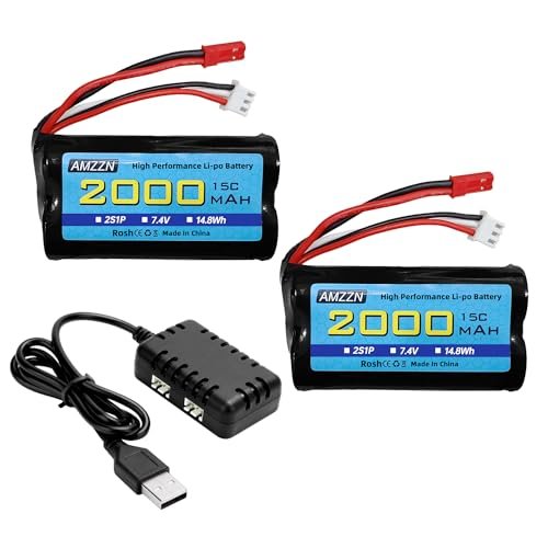 AMZZN 7.4V 2000mAh 15C 2S JST 2P Plug Lipo Battery with 2 in 1 Charger for UDIRC UD1601 UD1602 UD1604 SG1603 RC Cars and Drones
