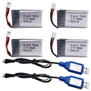 Blomiky 4 Pack 3.7V 1S 300mAh Lipo Battery with Ph2.0 Plug and 2 Charger Cable Compatible with Macfree RC Plane and Mini Nano RC Quadcopter Drone
