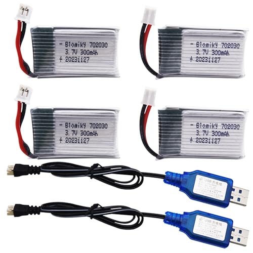 Blomiky 4 Pack 3.7V 1S 300mAh Lipo Battery with Ph2.0 Plug and 2 Charger Cable Compatible with Macfree RC Plane and Mini Nano RC Quadcopter Drone
