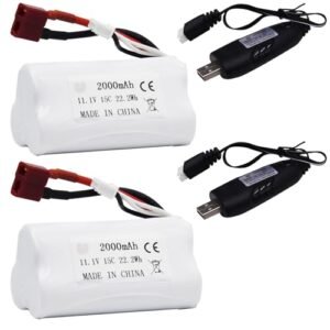 Blomiky 2 Pack 11.1V 3S 2000mAh T Plug Lithium Ion Battery and Charger Cable for Dayton RC Boat Club Enthusiasts