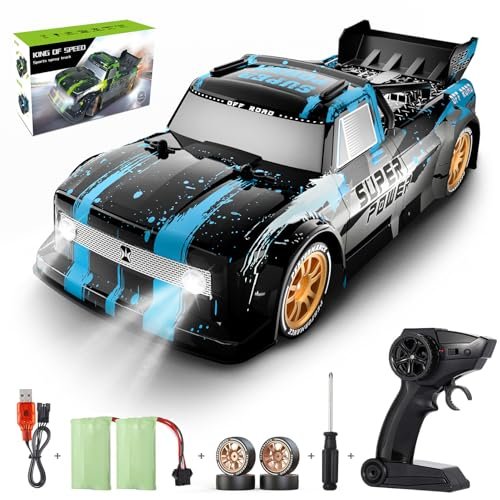 Authticar RC Drift Car, 1:16 Scales Remote Control Car 4WD 20KM/H High Speed RC Pickup Truck with LED Lights, Spray, Drifting Tires, 2 Batteries, Gift for Kids or Adults