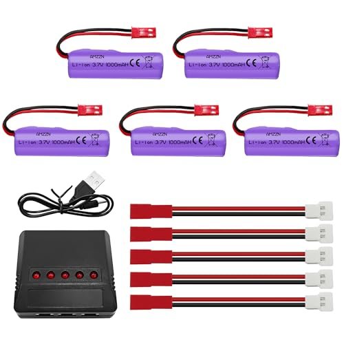 AMZZN 5PCS 3.7V 1000mAh Li-ion Battery with JST-2P Plug and 1 to 5 Charger for Huina 1337 1338 1516 1517 RC Engineering Vehicle, RC Toy Car Battery Accessories (5PCS Battery+ 1 to 5 Charger)