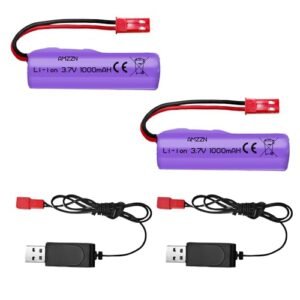 AMZZN 2PCS 3.7V 1000mAh Li ion Battery with JST 2P Plug and USB for Huina Remote Control Engineering Vehicle RC Toy Car Accessories