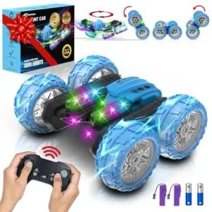 Teton Flash and Dash RC Stunt Car 360 Rotating Double Sided Roll with LED Headlights and Colorful Wheels All Terrain Rechargeable Toy for Kids Ages 6 12