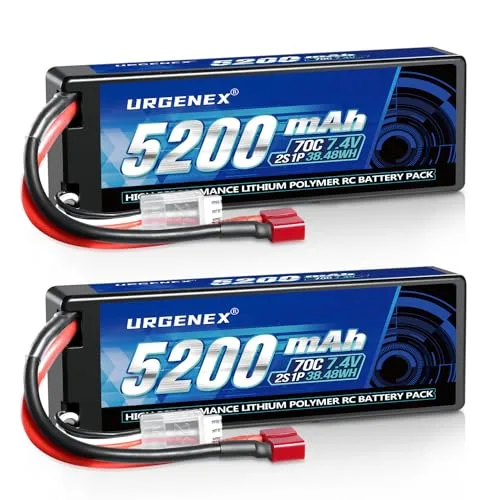 URGENEX 7.4V 5200mAh Lipo Battery 2S 70C High Discharge Rate for Nitro RC Semi Trucks and Vehicles 2 Packs