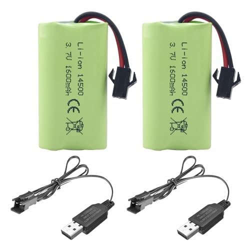 MOONZON 2PCS 3.7V 1600mAh Li ion Battery with SM 2P Plug for Siku RC Truck Scania and USB Charging Cable