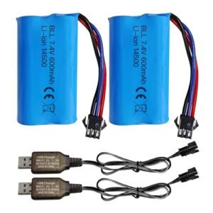 Sea Jump 2PCS 7.4V 600mah 2S Li ion Battery with SM 3P Plug and USB Charging Cable for the Biggest RC Car Jump Ever Compatible with DE82 TK3086B G20601 RC Toy Cars