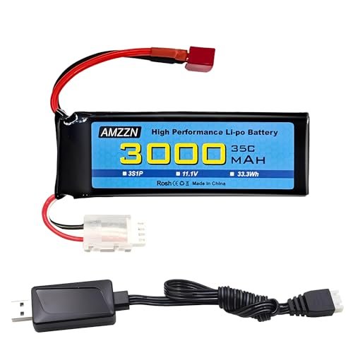 AMZZN 3S Lipo Battery 11.1V 3000mAh 35C with T Plug and USB Charging Cable for RC Cars Trucks Drones Quadcopters FPV UAV Batteries