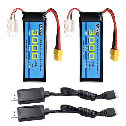 AMZZN 2PCS 3S Lipo Battery 11.1V 3000mAh 35C with XT-60 Plug and 2USB Charging Cable for RC Cars, Trucks, Remote-Controlled Ships, RC Drones, Quadcopters, FPV UAV Batteries