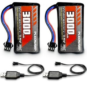PCEONAMP 7.4v RC Battery 3000mAh 2S Li-ion with SM-3P Plug Rechargeable High Capaity Fit for RC Tank RC Truck 4WD RC Rock Crawler RC Car Batteries with 2 USB Charger