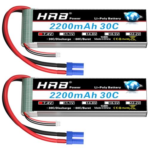 HRB 2S 2200mAh 30C 7.4V RC Lipo Battery 2 Packs for RC Cars Trucks Boats Airplanes Helicopters