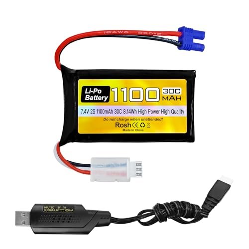 Sea Jump 7.4V 1100mAh 2S Lipo Battery with EC2 Plug USB Charging Cable for UTB18 RC Vehicles