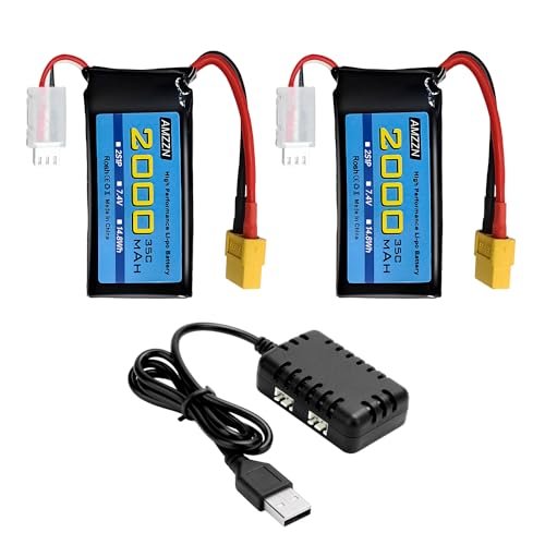 AMZZN 7.4V 2000mAh 35C 2S Lipo Battery with XT60 Plug and 2 in 1 Charger for RC Cars Drones and More 2PCS Battery and Charger