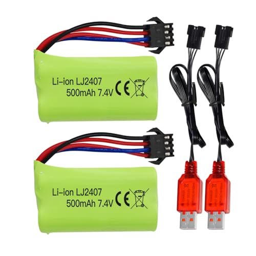 Sea Jump 2PCS 7.4V 500mah SM 4P Plug Charging Battery with USB Charging Cable for EC16 DE85 RC Toy Car Model Off Road Vehicle Battery M416 Electric Gel Ball Blaster Backup Battery Guinness World Record Longest RC Car Jump