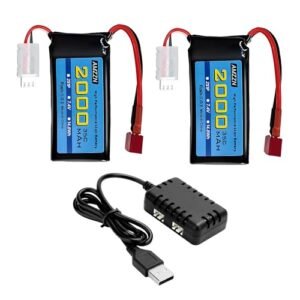 AMZZN 2PCS 7.4V 2000mAh 35C 2S Lipo Battery with T Plug and 1 to 2 Charger for RC Cars Drones and Toys
