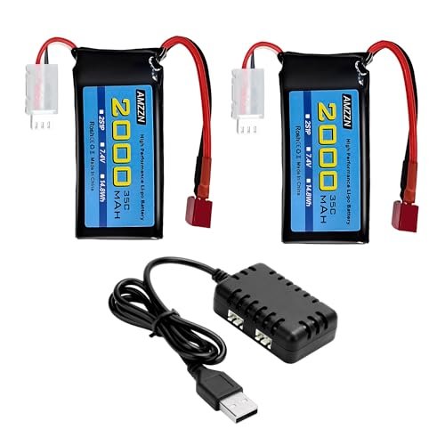AMZZN 2PCS 7.4V 2000mAh 35C 2S Lipo Battery with T Plug and 1 to 2 Charger for RC Cars Drones and Toys