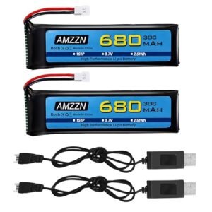 AMZZN 3.7V 680mAh 1S Lipo Battery with Molex Plug and USB Charging Cable for Wltoys XK K110 K110S V977 V988 V930 Q282 RC Drone Accessories 2PCS 2USB