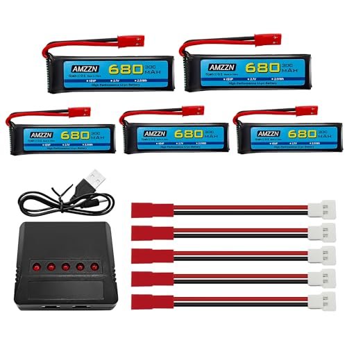 AMZZN 5PCS 3.7V 680mAh 1S Lipo Battery with JST Plug and 5-in-1 Charger for UDI U817 U818A V959 V222 V929 S032 RC Drone, Four Axis Aircraft Battery Accessories