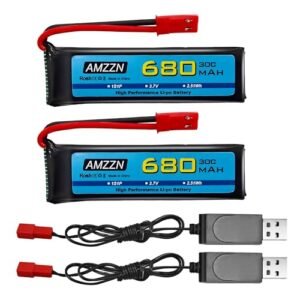 AMZZN 2PCS 3.7V 680mAh 1S Lipo Battery with JST Plug and USB Charging Cable for UDI U817 U818A V959 V222 V929 S032 RC Drone, Four Axis Aircraft Battery Accessories