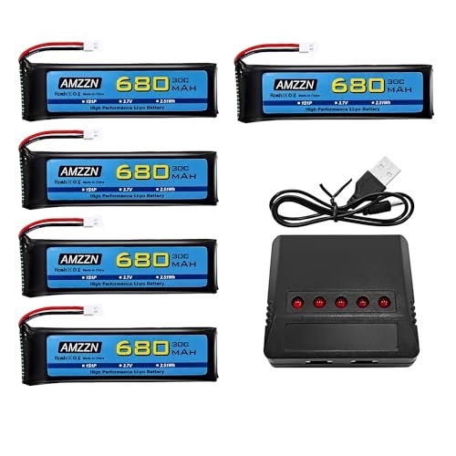 AMZZN 5PCS 3.7V 680mAh 1S Lipo Battery with Molex Plug and 5 in 1 Charger for Wltoys XK K110 K110S V977 V988 V930 Q282 RC Drone