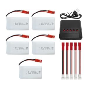 Fytoo 5PCS 3.7V 800mAh Lipo Battery with 5 in 1 Charger JST Plug for RC Submarine Hulls and Drones
